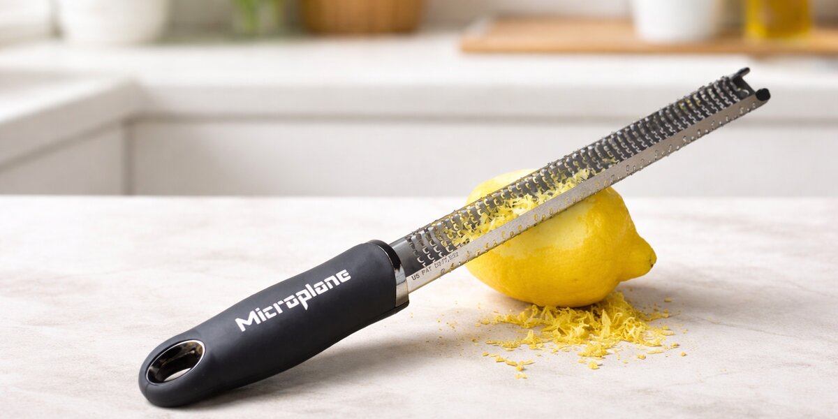 Râpe Zester Microplane noire sur plan de travail cuisine
