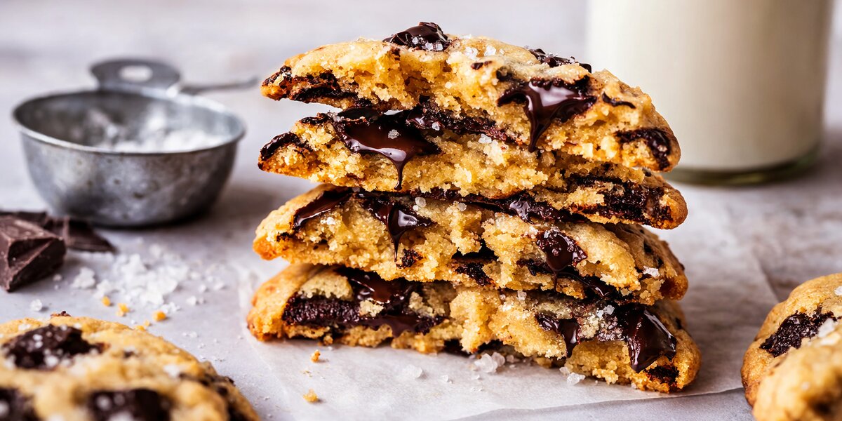 Cookies moelleux au chocolat posés sur une plaque, légèrement dorés avec des pépites fondantes