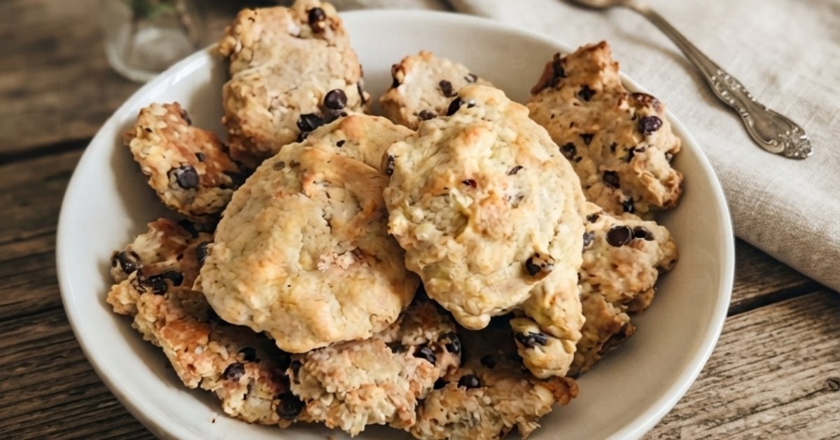 Scones à la banane dorés et pépites de chocolat noir posés sur une plaque de papier cuisson